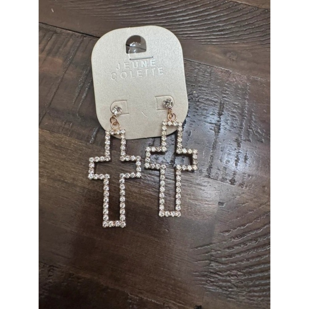 Jeune Colette Cross Earrings OS Gold Excellent Rhinestone Dangle Statement